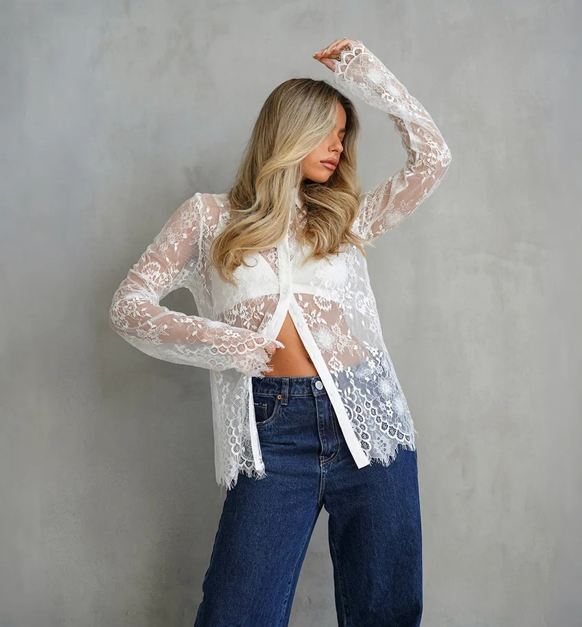 Women’s Sheer Lace Shirts Floral Lace Button Down Long Sleeve Top Female See Through Lightweight White Blouse For Women
