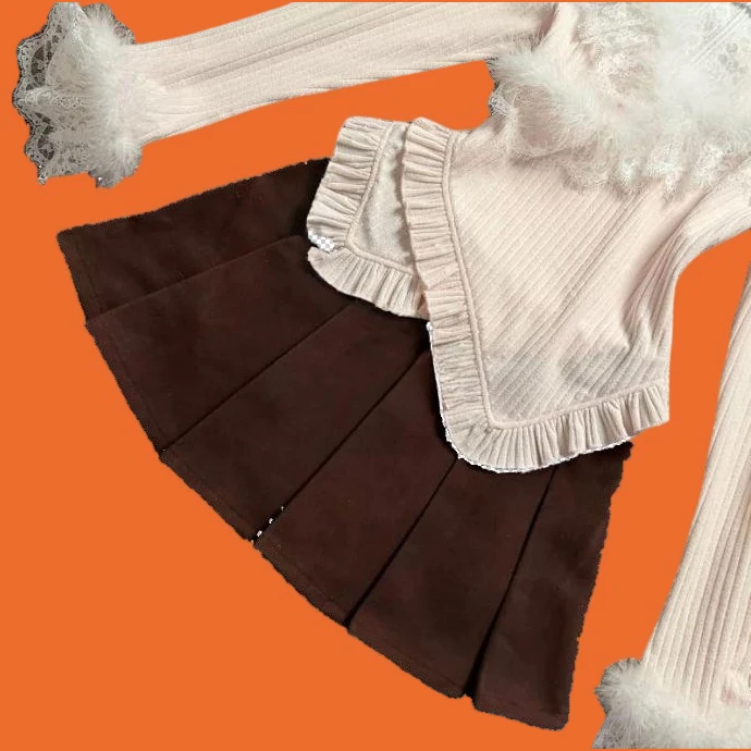 

Весна 2026, новый оригинальный дизайн, милый трикотажный топ с открытыми плечами и длинными рукавами с бантом для девочек и тонкая короткая юбка с высокой талией