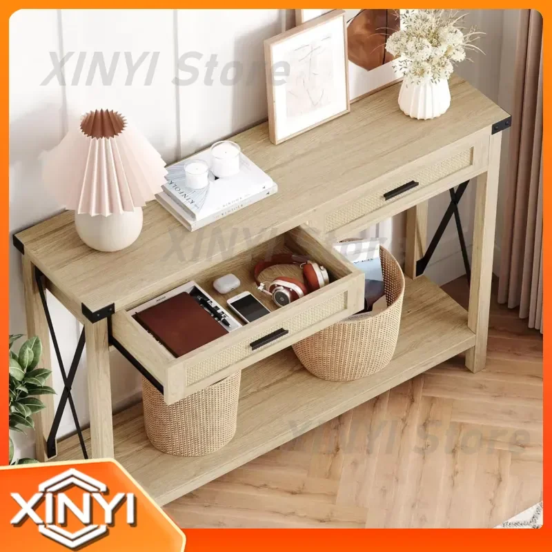 for Simple Panel Furniture Entrance Table for Cross-Border Use Pastoral Style Rattan Long Entryway Table Wall Mounted Hall
