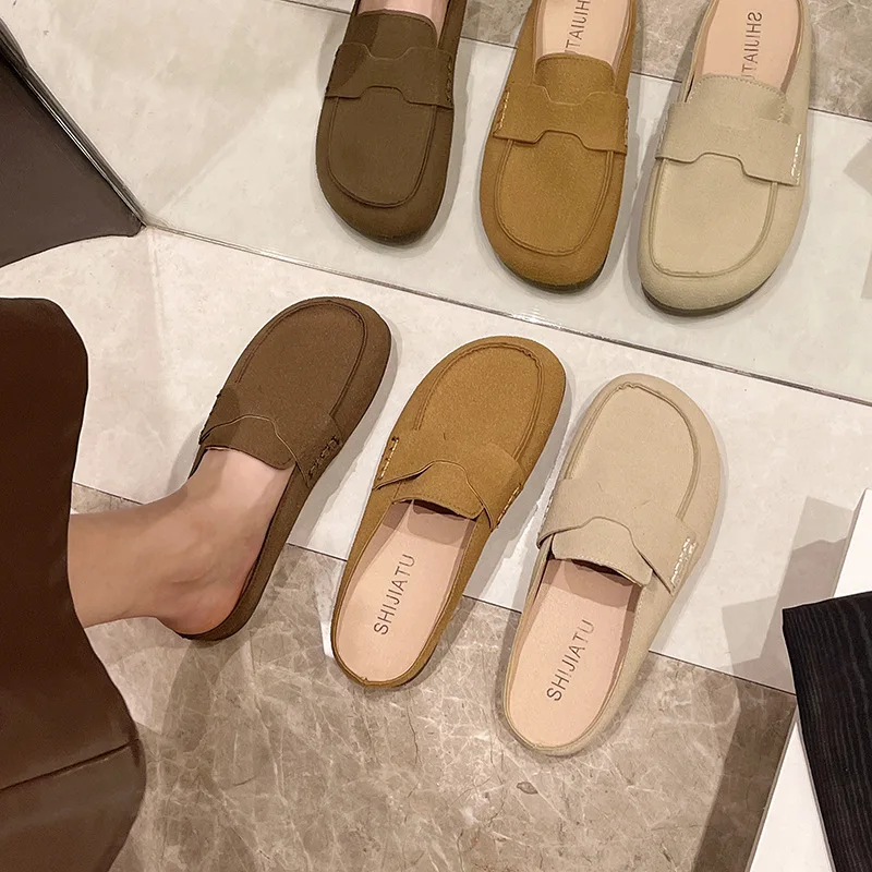 Loafers Flock Slippers Soft Big Size Female Shoes Low Square Toe Slides Comfort 2024 PU Casual Hoof Heels Retro Rubber Fabric