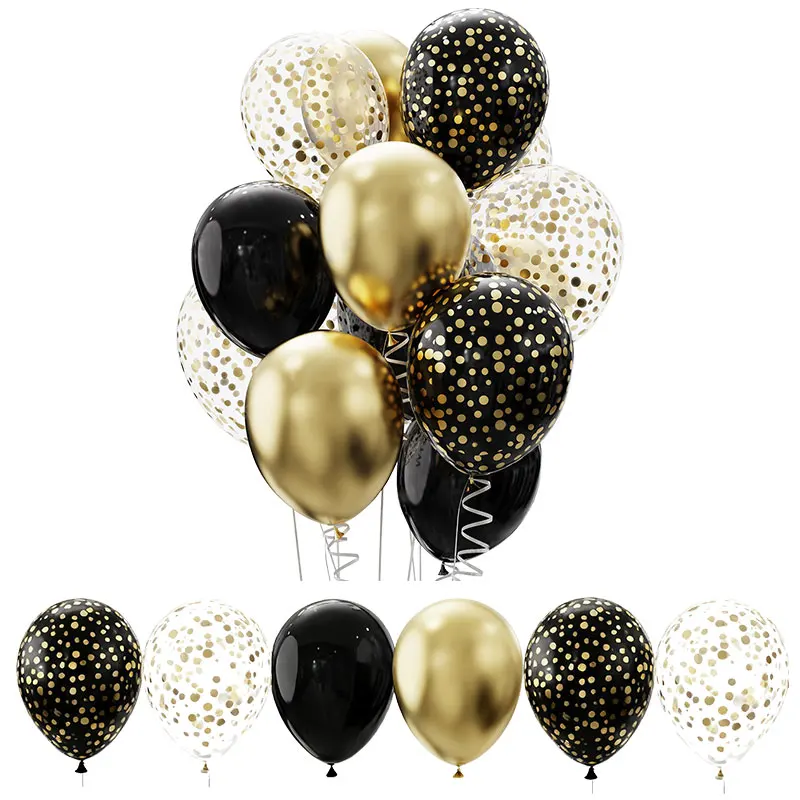 12 Stück schwarze goldene Party-Konfetti-Latexballons für Geburtstag, Hochzeiten, Jahrestag, Party, Luftballons, Dekorationen, Babyparty-Geschenk