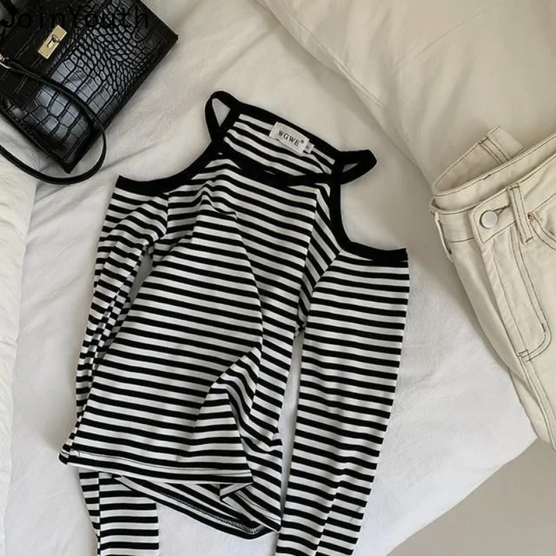 Oversized T Shirt Women Clothing Long Sleeve O-neck Off Shoulder Casual Tees 2023 Ropa Mujer Fashion Striped Sexy Y2k Tshirts