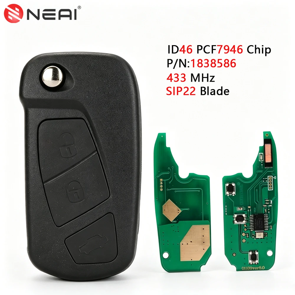 

Folding Remote Car Key For Ford KA 2008-2016 433MHz 1838586 ID46 PCF7946 Chip 3 Buttons Flip Keys Control Fob SIP22 Blade Uncut