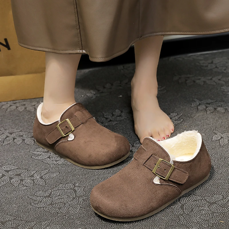 Zapatos sin cordones retro con forro polar para mujer, zapatos cálidos de suela blanda, zapatos casuales perezosos de una sola pieza para otoño e invierno