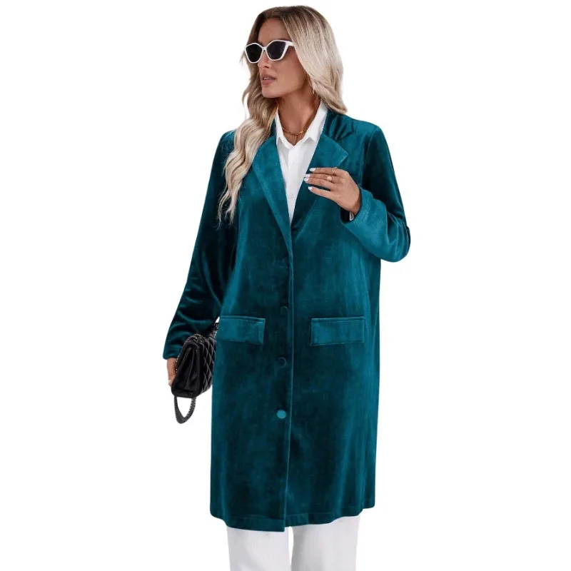 Luxury Vintage Velvet Trench Coat New Loose Turn-Up Collar Long Sleeves Casual Single-Breasted Long Blazer Coat Women's Jacket - view 4