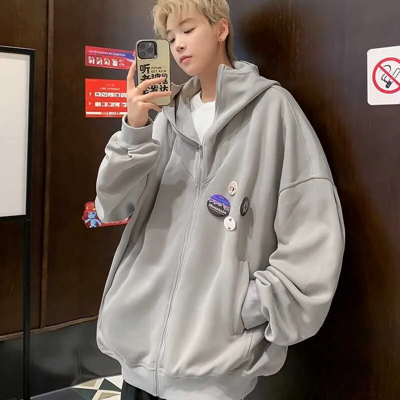 

Loose Fit Zipper f High Collar American Sle Design Men's Hoodie Cardigan Sweater Trendy Brand Outerwear Autumn Winter