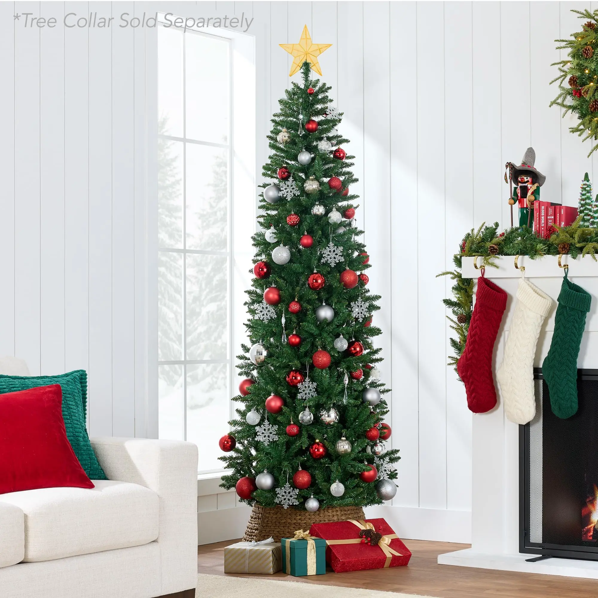 Unlit Pencil Christmas Tree, 7.5ft Premium Artificial Tree, Realistic Spruce Holiday Decor w/ 1,075 Branch Tips, Metal