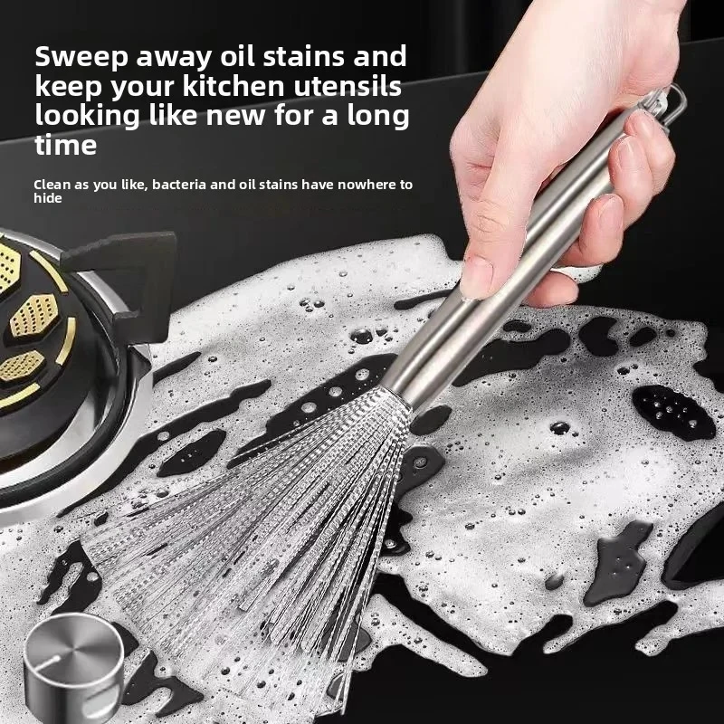 Long Handle Stainless Steel Pot Scrubber, Multi-functional Kitchen Cleaning Brush for Sink Pans with Hanging Tool