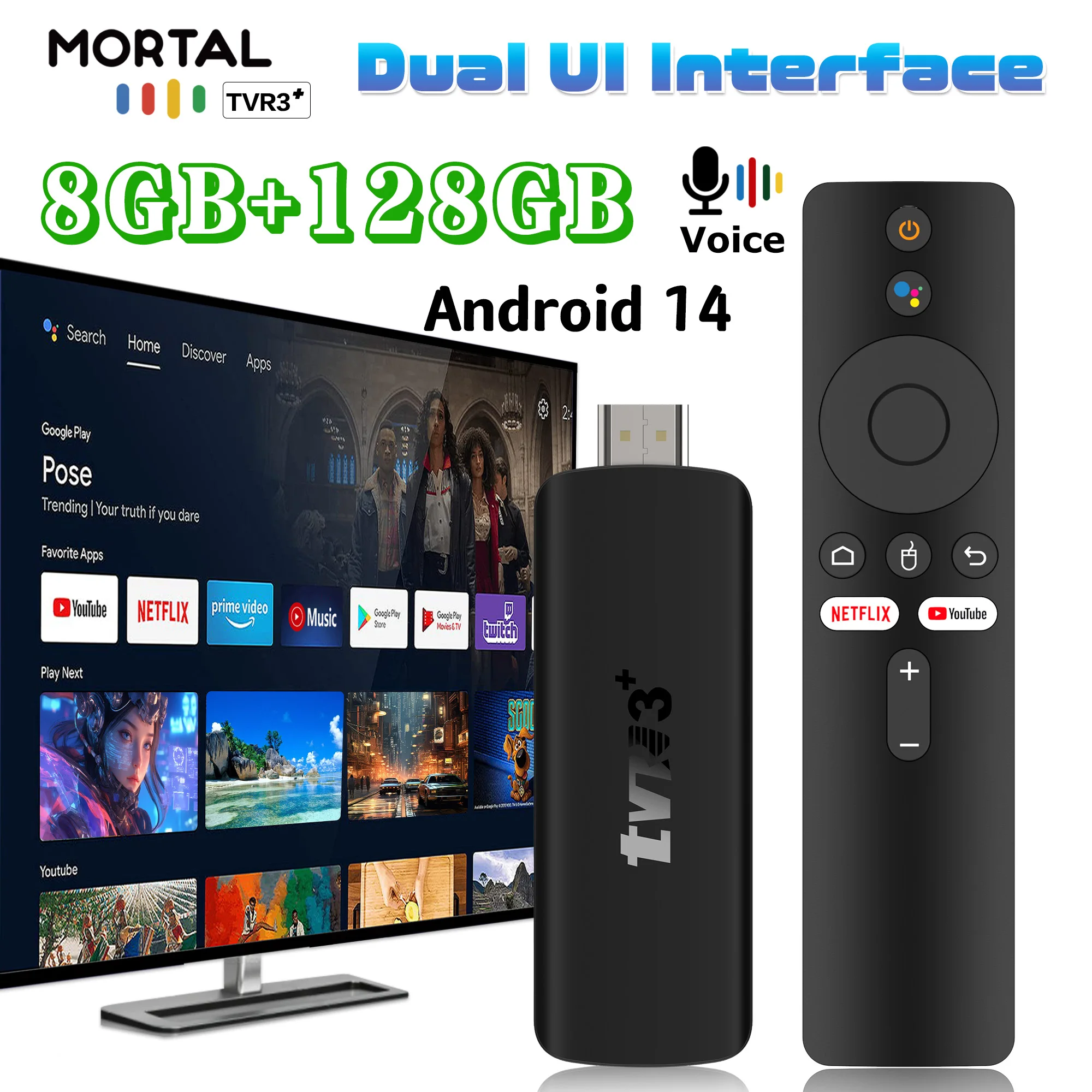 TVR3+ Android 14 TV Stick RK3518 8K HD Double Wi-Fi 2.4G/5.8G 8 Go 128 Go BT5.0 Lecteur Multimédia Global Double Interface Utilisateur Interface TV Box