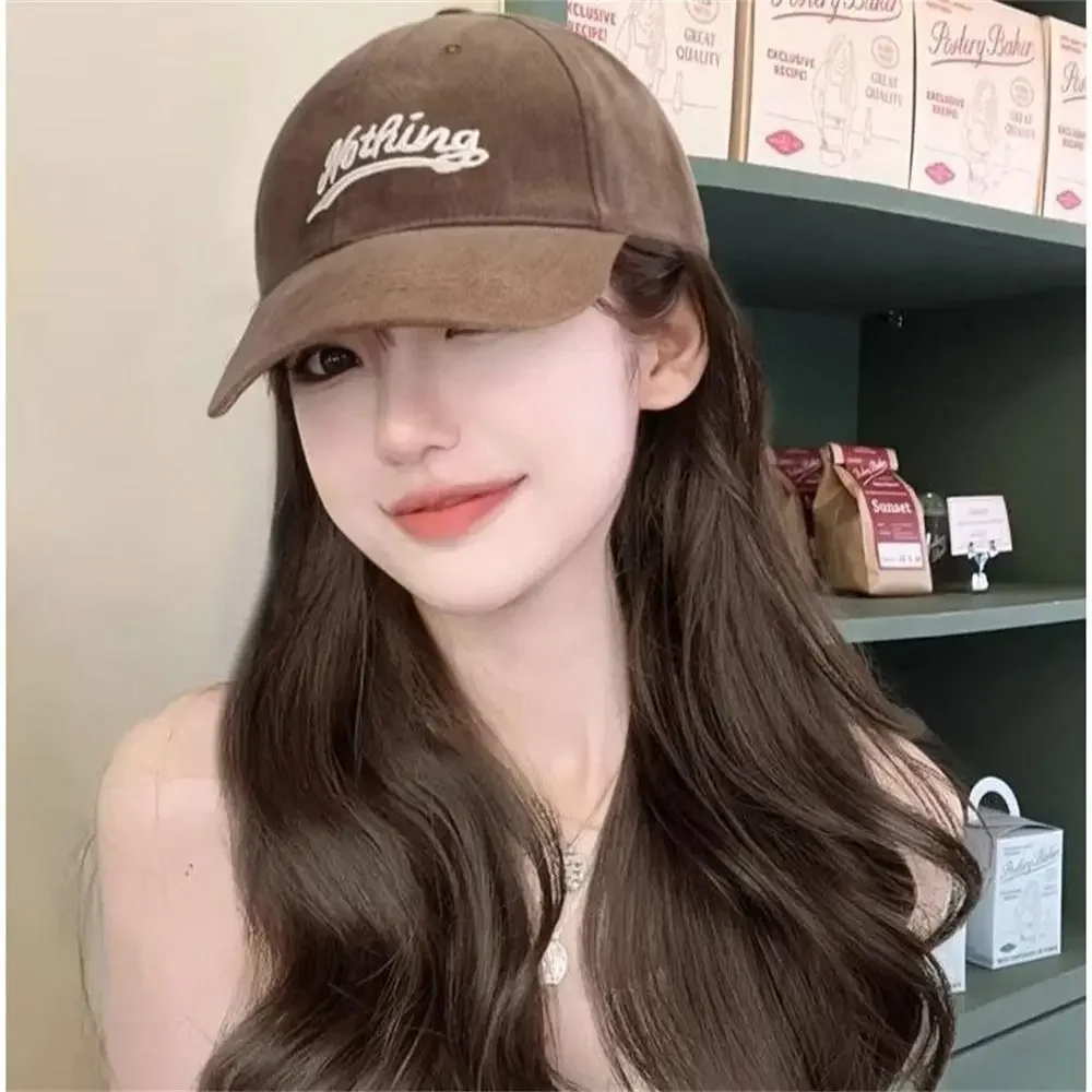 2024 Women Fashion Wigs 45cm One-piece Women Long Curly Hair Wig with Brown Baseball Cap