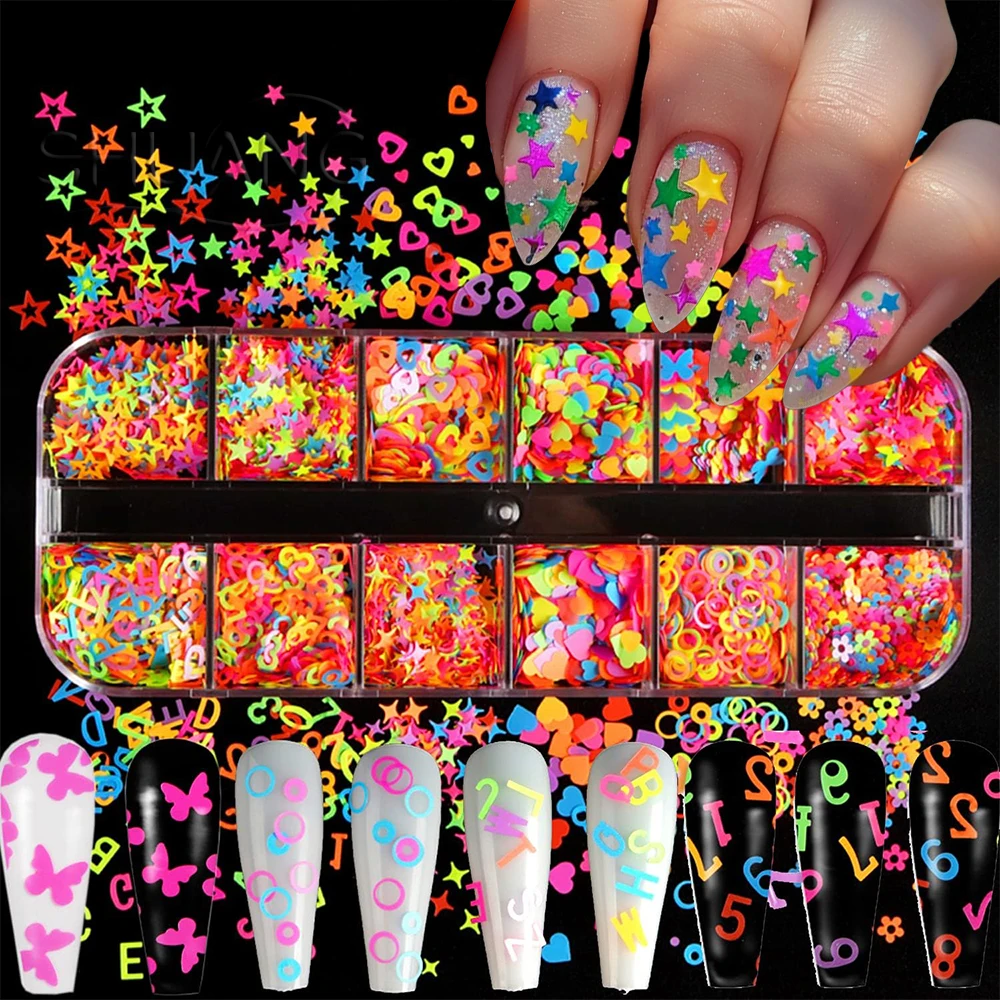 

12Grids Mixed Fluorescent Star Love Nail Art Sequins 3D Heart Butterfly Flowers Letters Circle Nail Glitter Flakes for Nail Deco