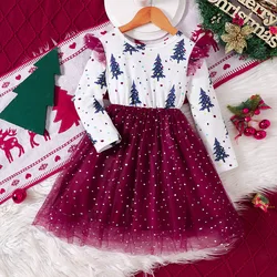 Kids Christmas Dress for Girls Clothes Autumn Winter 2024 New Child Casual Print Long Sleeve Mesh Patched Princess Dress 2-8Y