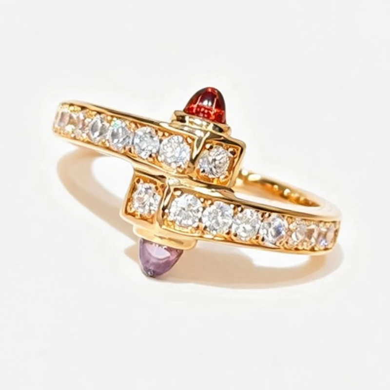 New Solid 925 Sterling Silver With Red Purple Gemstone Rivet Ring Gold Plated High Carbon Diamond Jewelry For Women