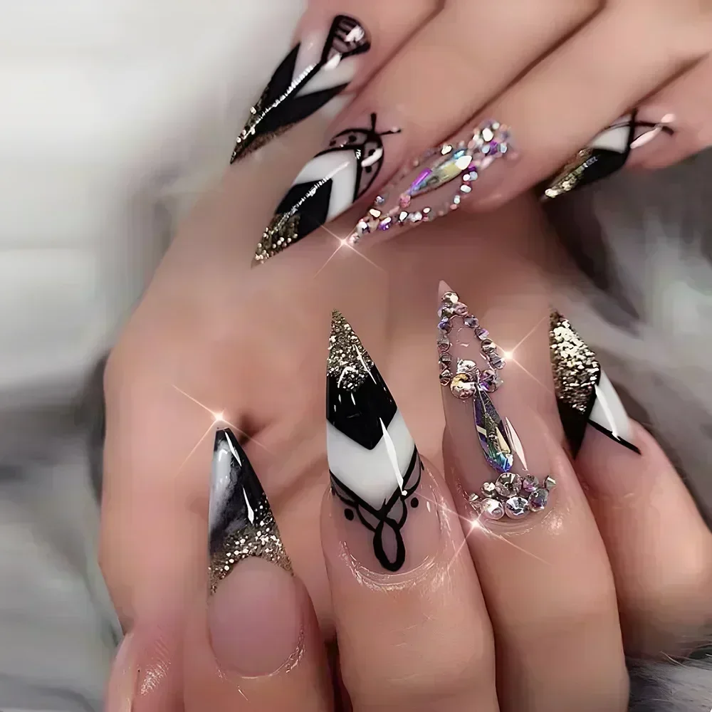 24 szt. Lukier sztuczne paznokcie migdałowe ze złotym brokatem wzory francuski Rhinestone Manicure szpilki sztuczne paznokcie zestaw naciśnij na paznokcie