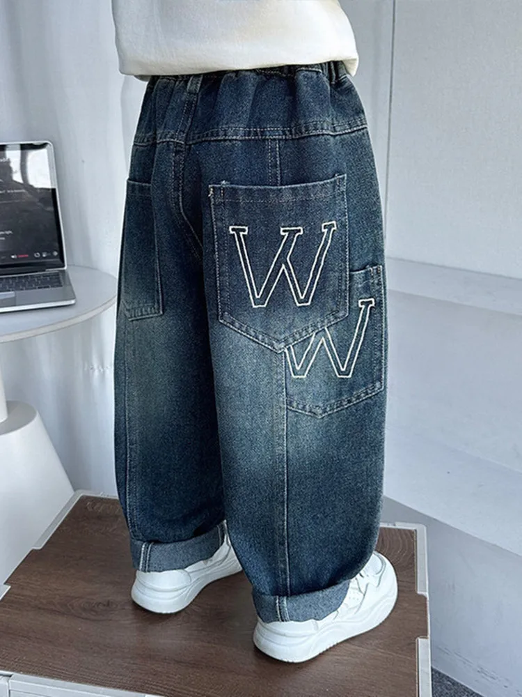 

Весенне-осенние джинсовые штаны для маленьких мальчиков, хлопковые джинсы для мальчиков, повседневные свободные брюки для подростков с эластичной резинкой на талии, детские штаны, От 2 до 11 лет