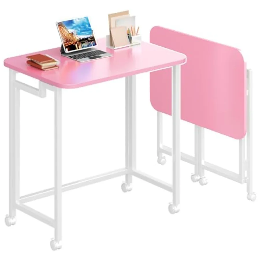 

23.6 Mobile Small Rolling Computer Desk for small space office use, PP plastic and steel, pink and white, foldable with smooth-