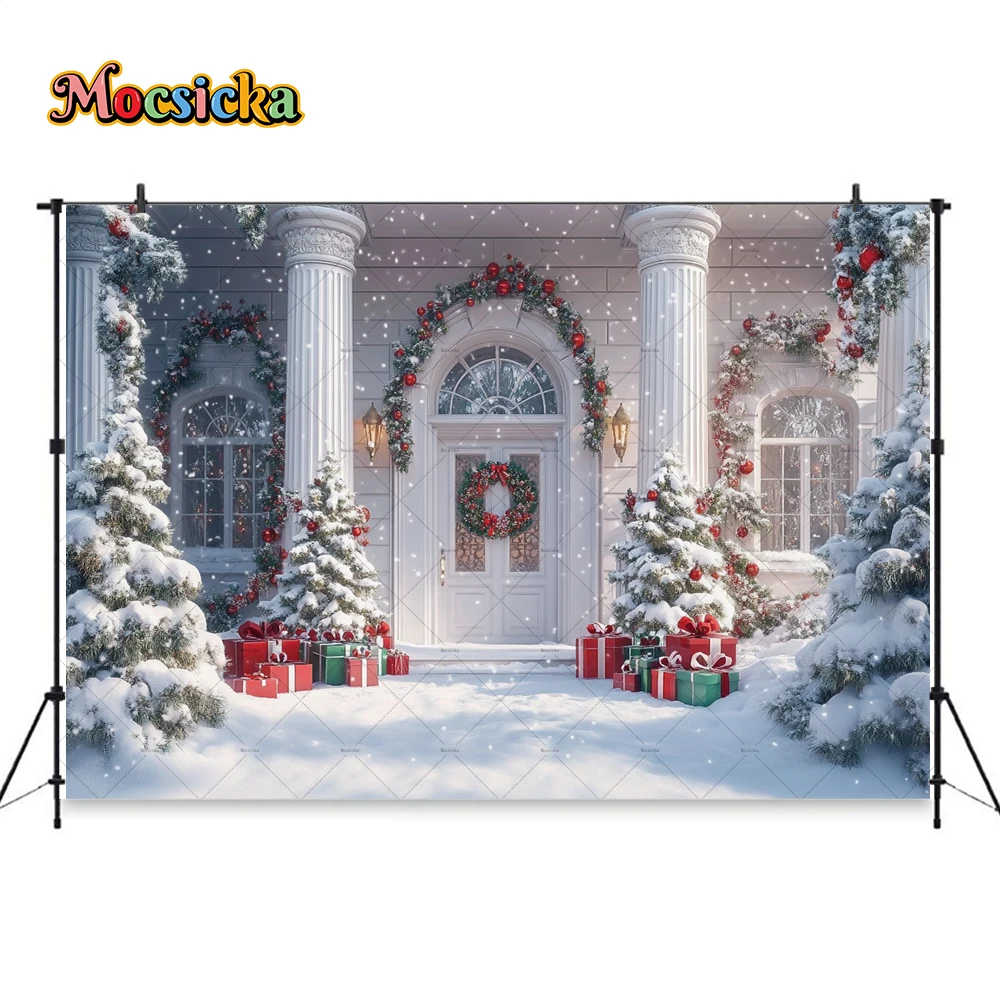 Mocsicka-أبيض خلفية منزل عيد الميلاد ، خلفية باب عتيقة ، ديكور منزلي ، استوديو صور ، ديكور شتوي خارجي ، هدية شجرة الكريسماس