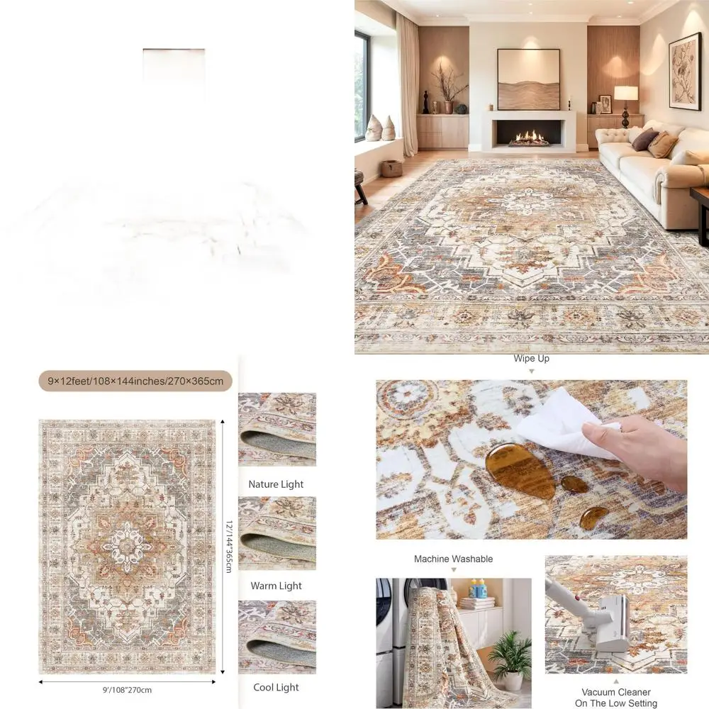 9x12 Vintage-Style Rugs for Living Spaces, Ultra-Thin, Washable, Non-Slip, Lightweight, Foldable, Stain-Resistant, Turmeric/Grey