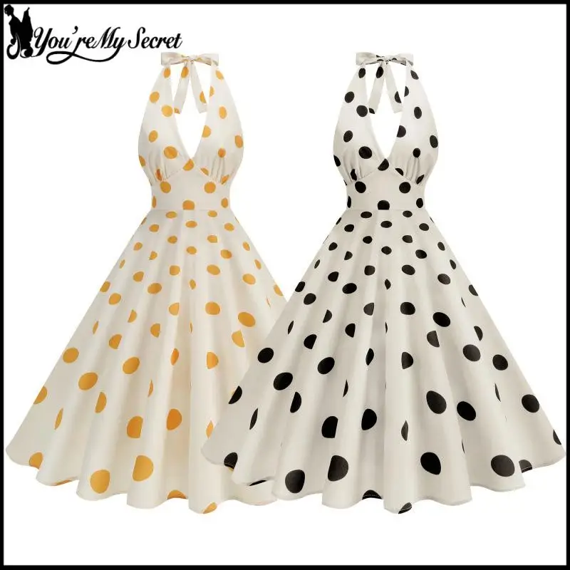 

[You're My Secret] Polka Dot Dress Elegant Halter Evening Gown 50s Rockabilly Swing Dress Vintage Balckless Robe Summer Clothes