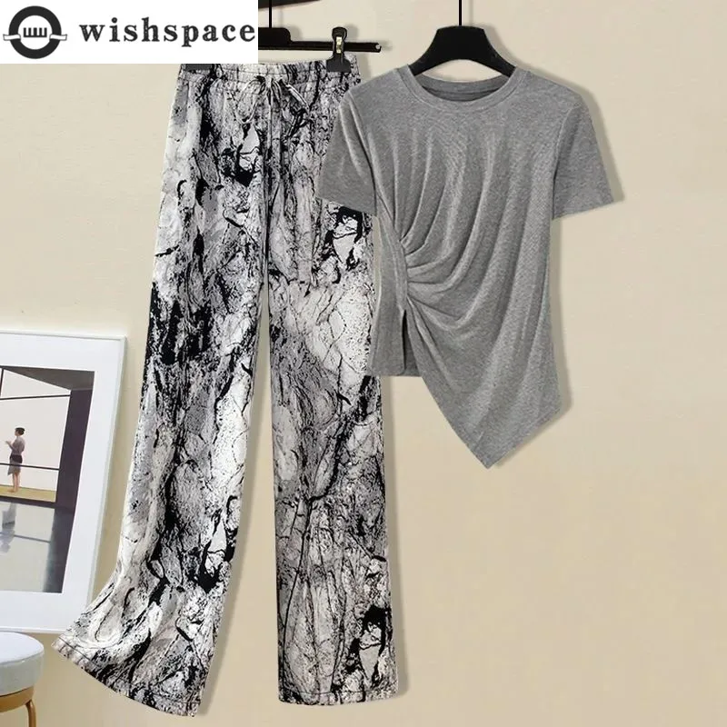 Spring and Summer Fashionable New Wide Leg Ice Silk Casual Pants+split Short Sleeve T-shirt Westernized Age Reduction Two-piece