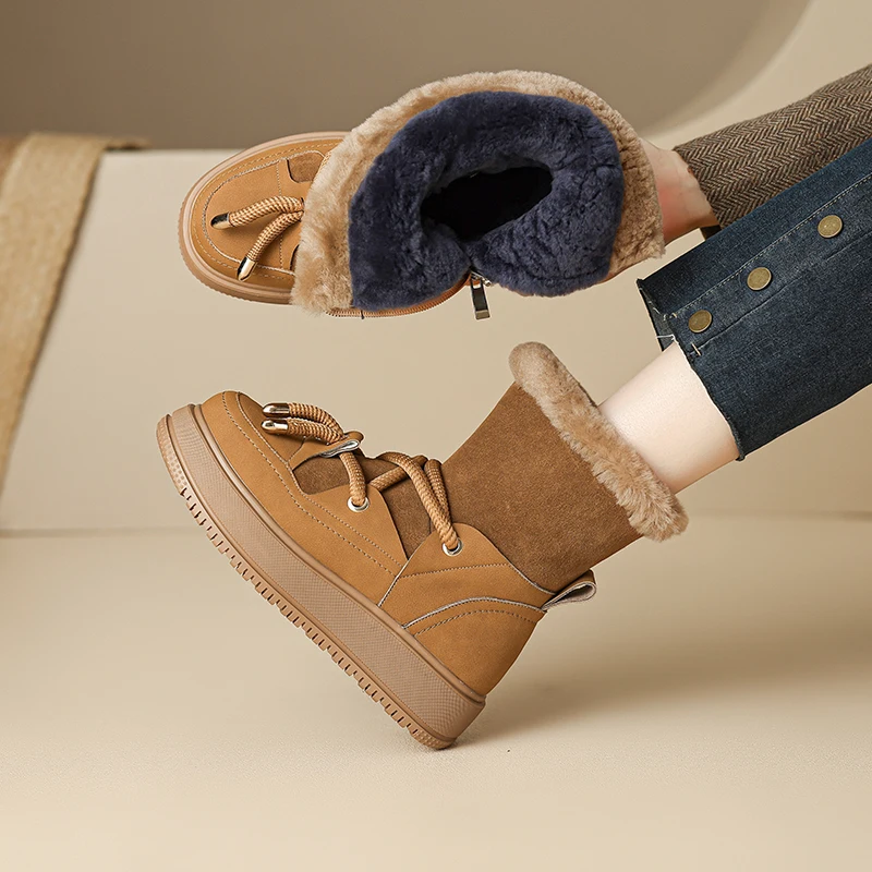 

Winter Platform Women Ankle Boots Warm Wool Cow Modern Boots Genuine Leather Motorcycle Short Fur Boots Furry Snow Boots