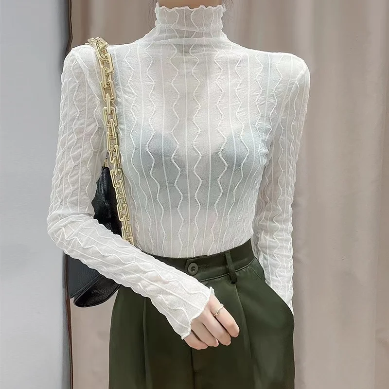 

Lace Base irt Spring Autumn New See tough Sweater Inner Net High Collar Long Sve Versatile Top Water Wave Pattern Striped