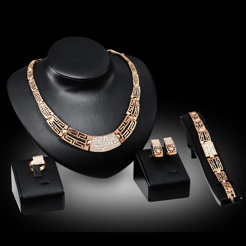 Exaggerated Personality Africa Fashion Gold Plated Jewelry Set Rhinestone Necklace Earrings Ring Bracelet Four Piece