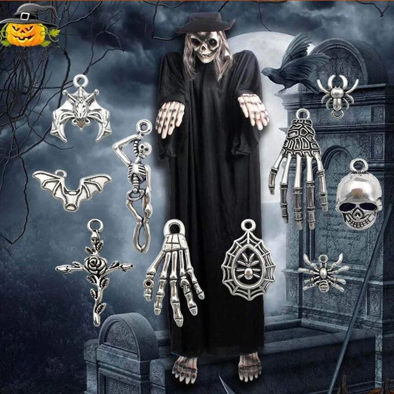 50Pcs Mixed Charms Halloween Skull Pumpkin Witch Spider Teeth Bat Antique Silver Color Mixed Pendants DIY Findings Tibetan Jewel