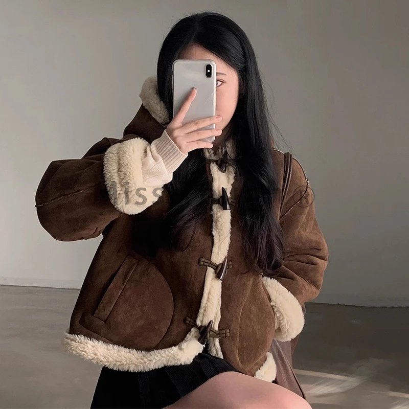 Korea Chic Winter Retro Loose Coat Women Y2k Horn Buckle Fur Brown Lamb Wool Jackets 2000s Long Sleeve Hooded Outerwear Clothes