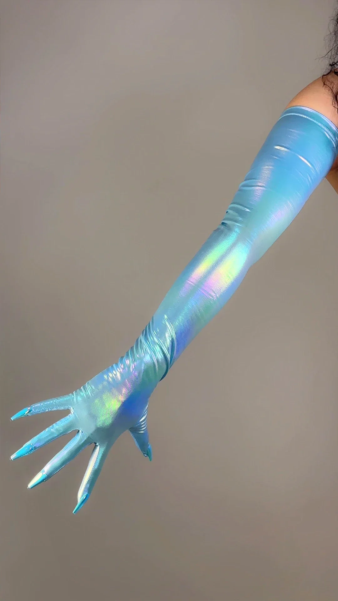 DooWay HOLOGRAPHIC GLOVES with NAILS Holo Sky Baby Blue Metallic Liquid Shine Extra Thin Elastic 70CM Long TECH Party Nail Glove