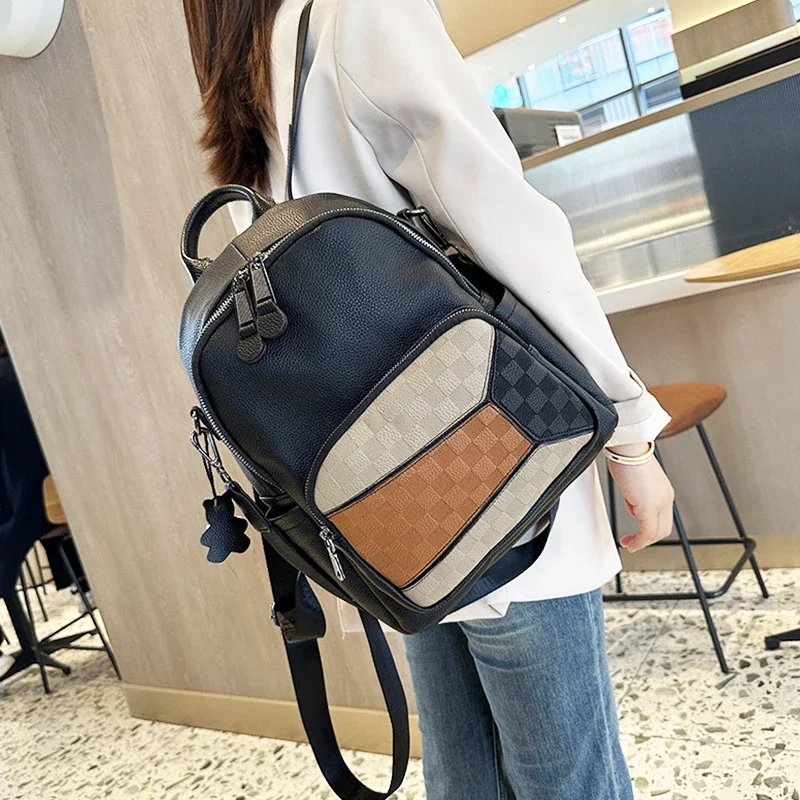 Cowhide Genuine Leather Backpack Unisex for Daily Use Commuting and Casual Outings Men Women Bags Colorful Plaid Patchwork Bag