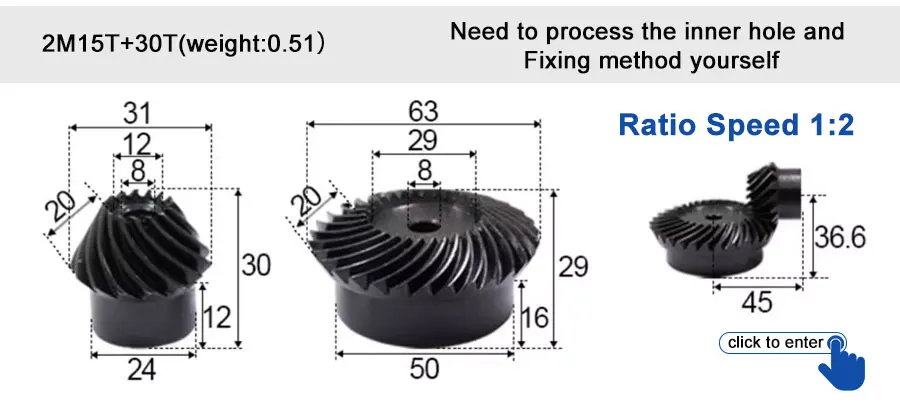 45 # Stahl-Spiralkegelradgetriebe, 2M, 15T bis 60T, Modul 1:4, 90 Grad Differentialgetriebe, gleicher Übersetzungsverhältnis, Durchmesser 8mm bis 12mm, Loch – Detail 30