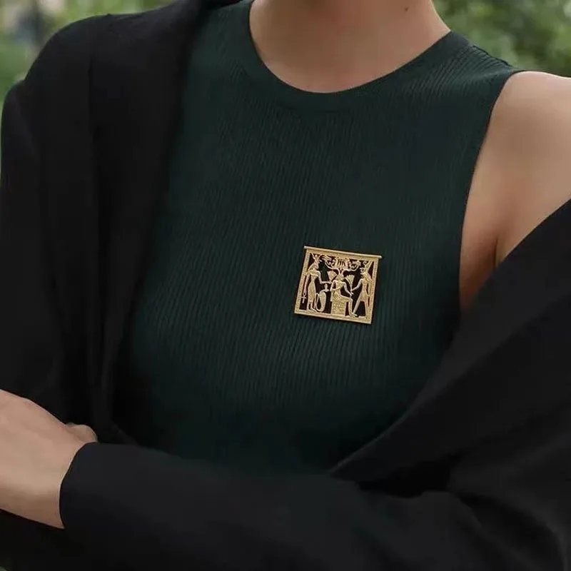 Vintage Egyptian Pharaoh Square Hollowed Brooches Women's Simple Fashion Matt Gold Color Metal Retro Coat Suit Brooch Badge Pin view 5