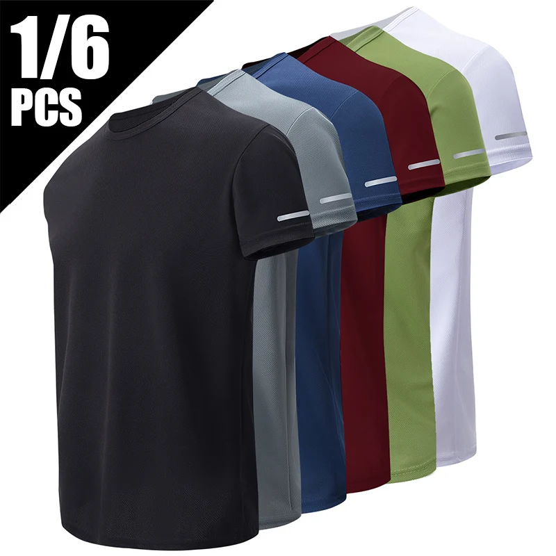2/4/6-piece Four Seasons Men's Solid Color Round Neck Short Sleeve Top with Printed Cuffs Youth Sports and Leisure T-shirt