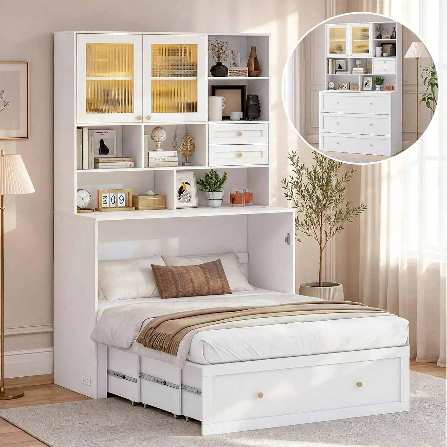 Murphy Bed Wall Bed with Storage Drawer LED Light USB Charging Station Queen Size, Customized