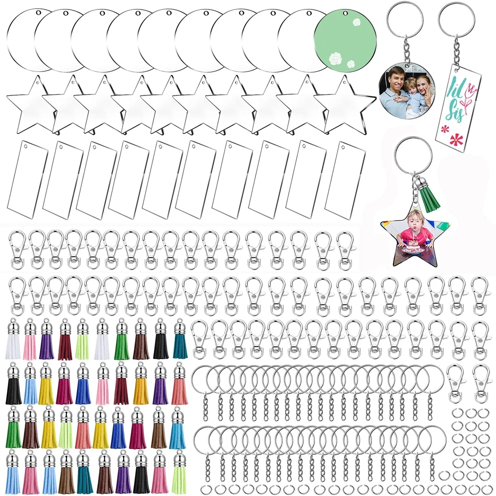 

150pcs Acrylic Keychain Blanks with Tassels Kit Bulk Various Shapes Acrylic Key Chain Embryo Accessories Snap Hooks Jump Rings