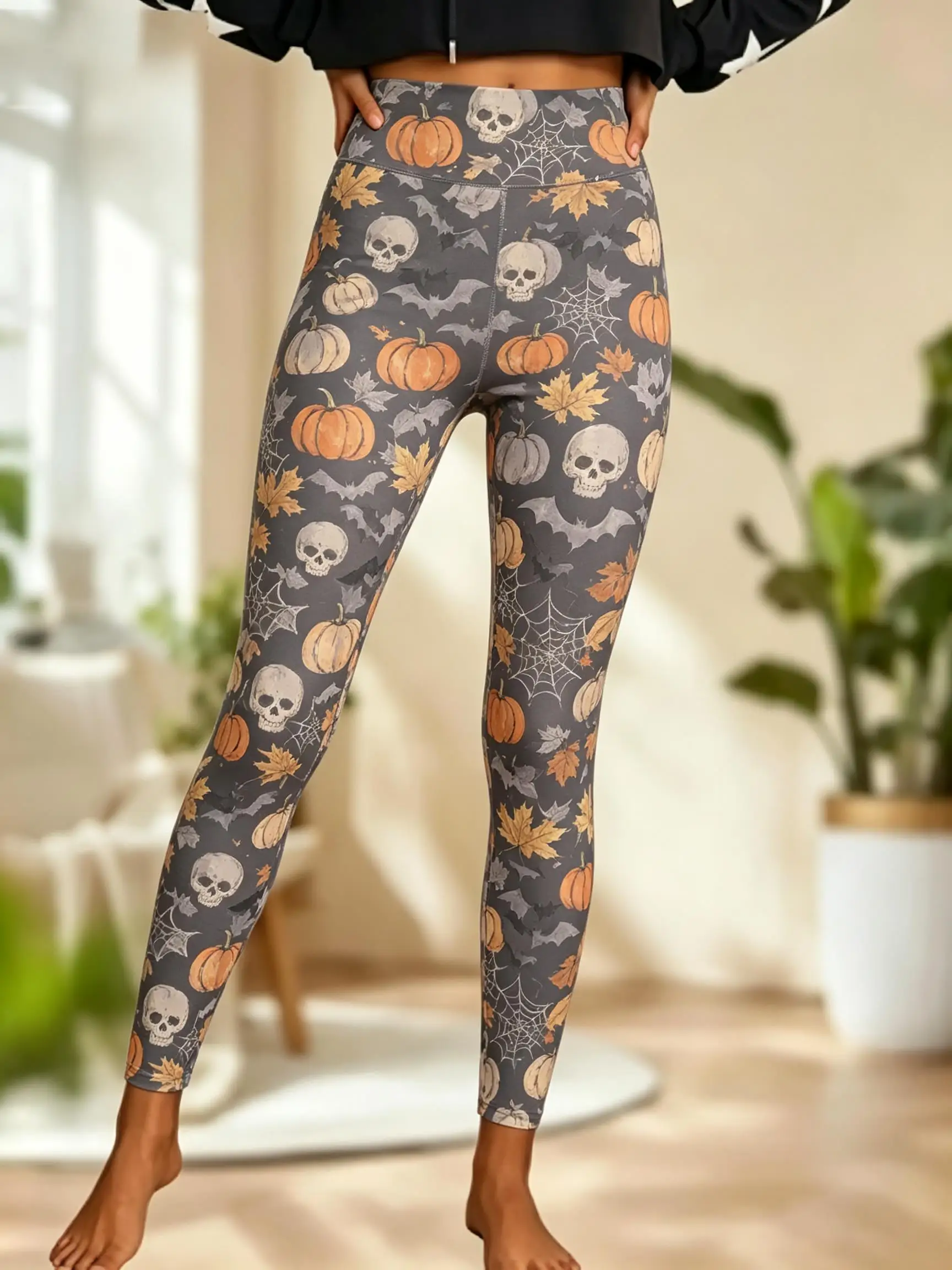 Women Fleece‑lined Mid‑rise Leggings Vintage Halloween Pumpkin Skull Bat Ghost Maple Leaf Print Slim Stretch Casual Pants