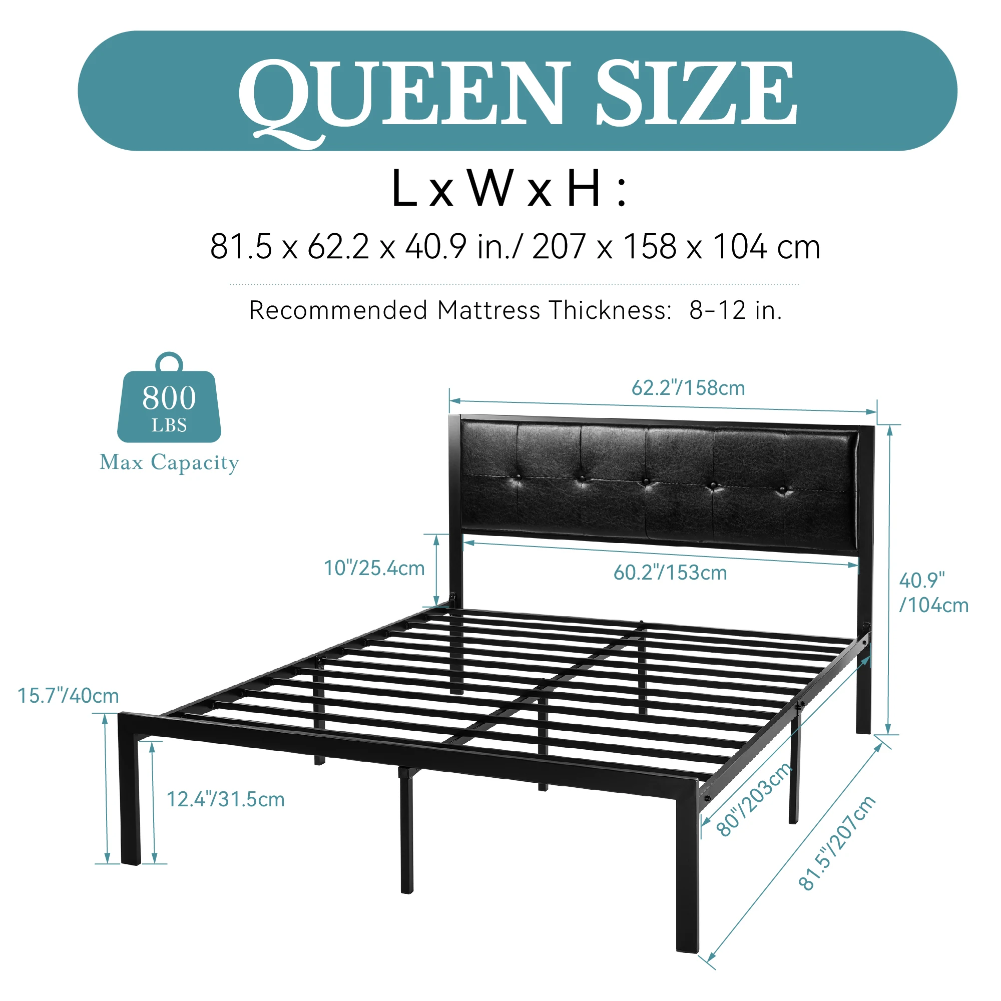 إطار سرير معدني من HOOMIC، لوح رأسي منجد بخياطة مربعة، زر كلاسيكي معنقدة، جلد صناعي، لا حاجة إلى صندوق زنبركي