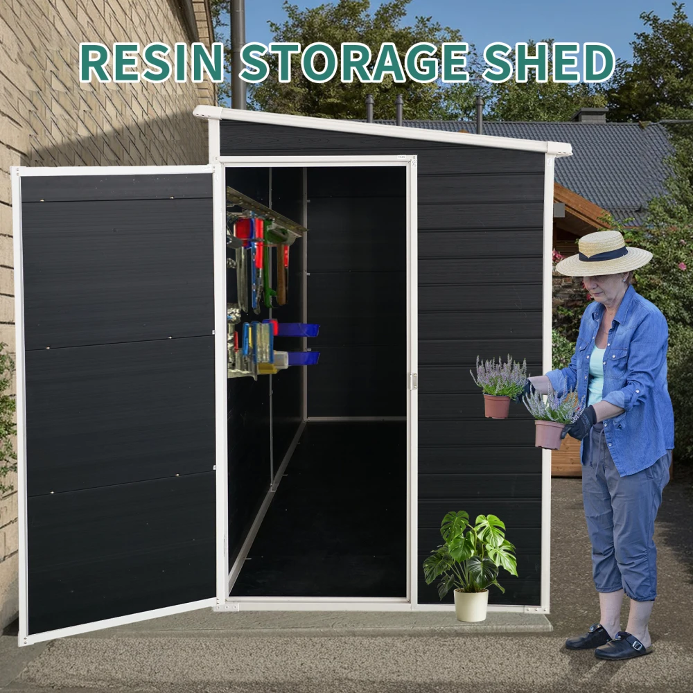 8x4ft Outdoor Resin Garden Shed with Floor and 2 Windows, Plastic Patio Outdoor Storage Shed with Lockable Door for Garden Tools