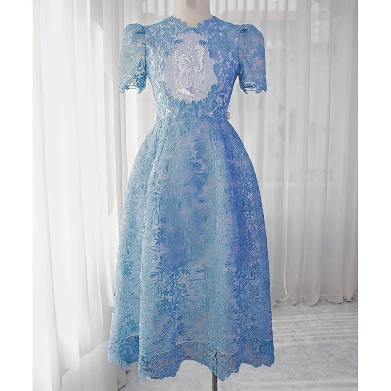 Designer Summer Holiday Blue Flower Embroidery Lace Prom Midi Dress Women Short Sleeve Bead Diamonds Crochet Long Vestidos Party