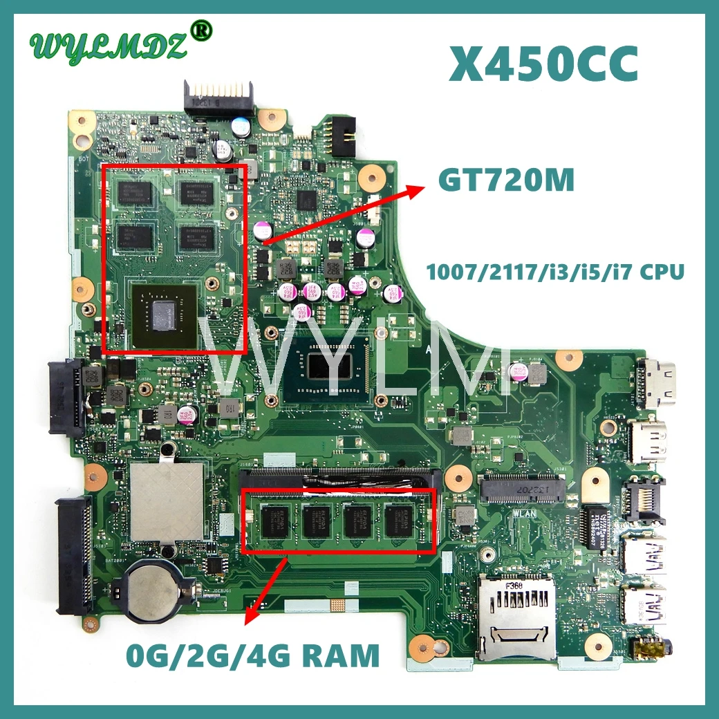 X450CC Motherboard For Asus X450VC X450C X450VP X450VB X450CA Mainboard 1007/2117/i3/i5/i7 CPU 0G/2G/4G RAM UMA or GT720M