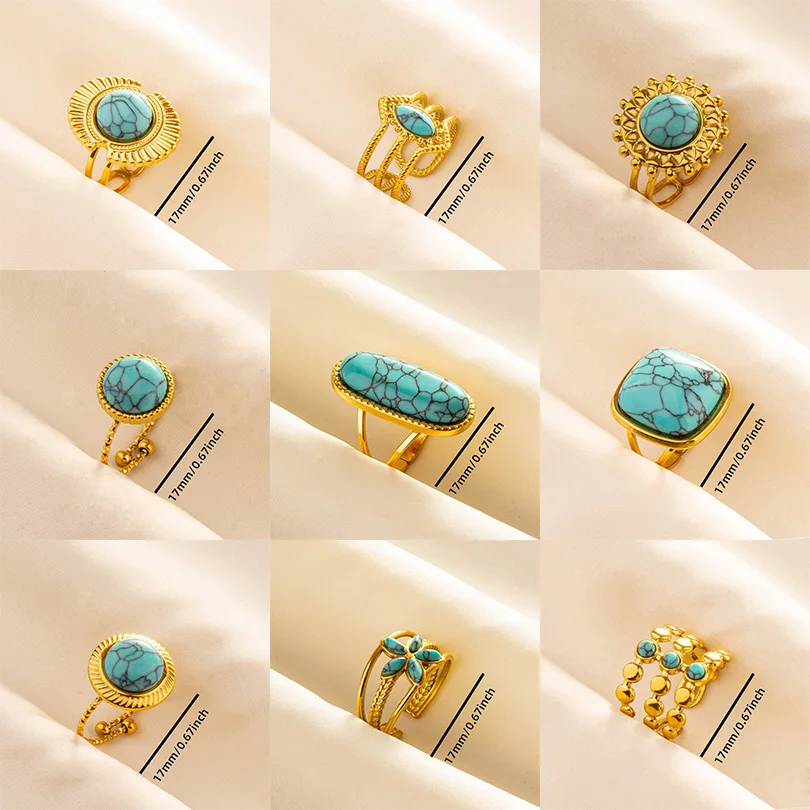 1pc Chic Bohemian Blue Turquoise Statement Gold Color Ring Stainless Steel Opening Adjustable Boho Ring Jewelry Gifts Never Fade