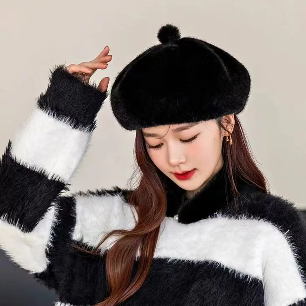 New Imitation Mink Fur Berets Winter Plush Warm Hat Octagonal Cap Painter's Hat Fuzzy Hat Warmth Women Fashion Windproof Beret