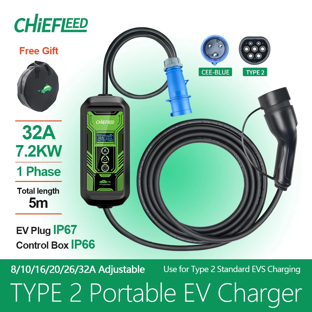 

Chiefleed New Style Type 2 EV Charger 16A 3.6kw EU Plug 5m Long 220V~450V Big Display Screen IP67 IEC62196-2