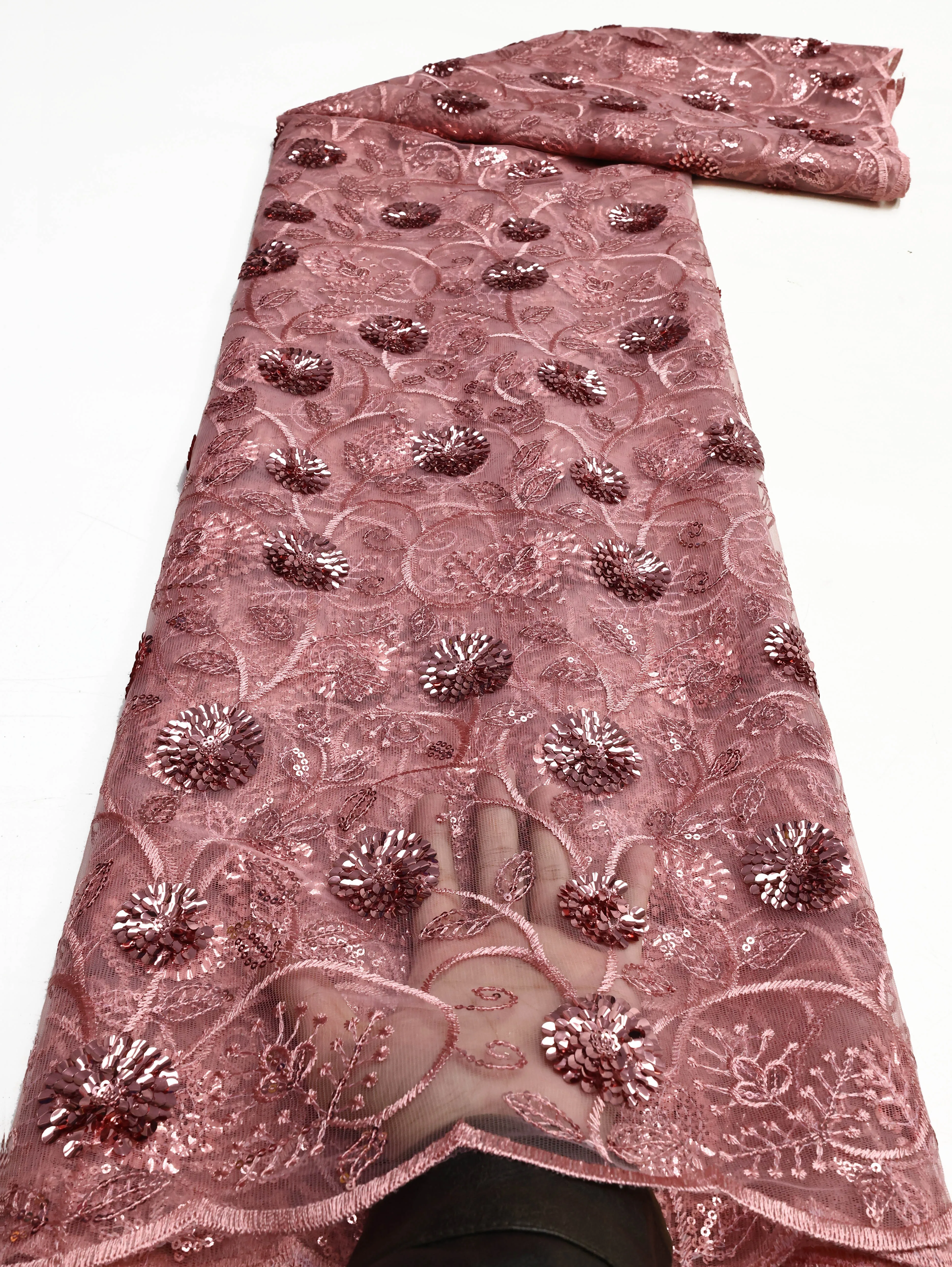 African Sequins Flocking Lace Fabric