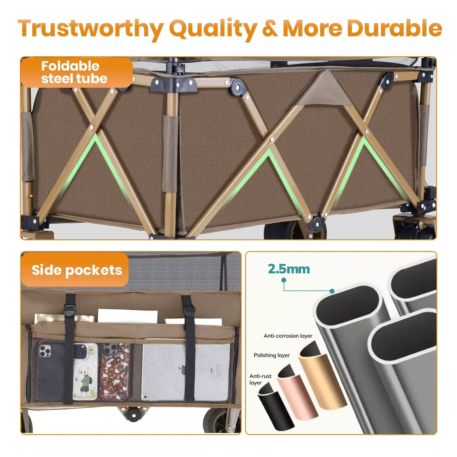 

[XMSJ]Collapsible Camping Beach Wagon, 350L Garden Cart, Heavy Duty Utility Fold Wagon with Big Wheel & Side Pickets for Garden