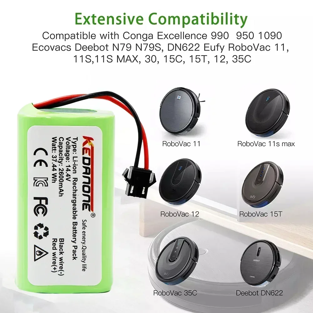 Baterai pembersih robot berkapasitas besar 14.4V 4000mAh - pengganti sempurna untuk Ecovacs N79 dan Eufy 11S, 11S Max, 30, 35C, 15T.