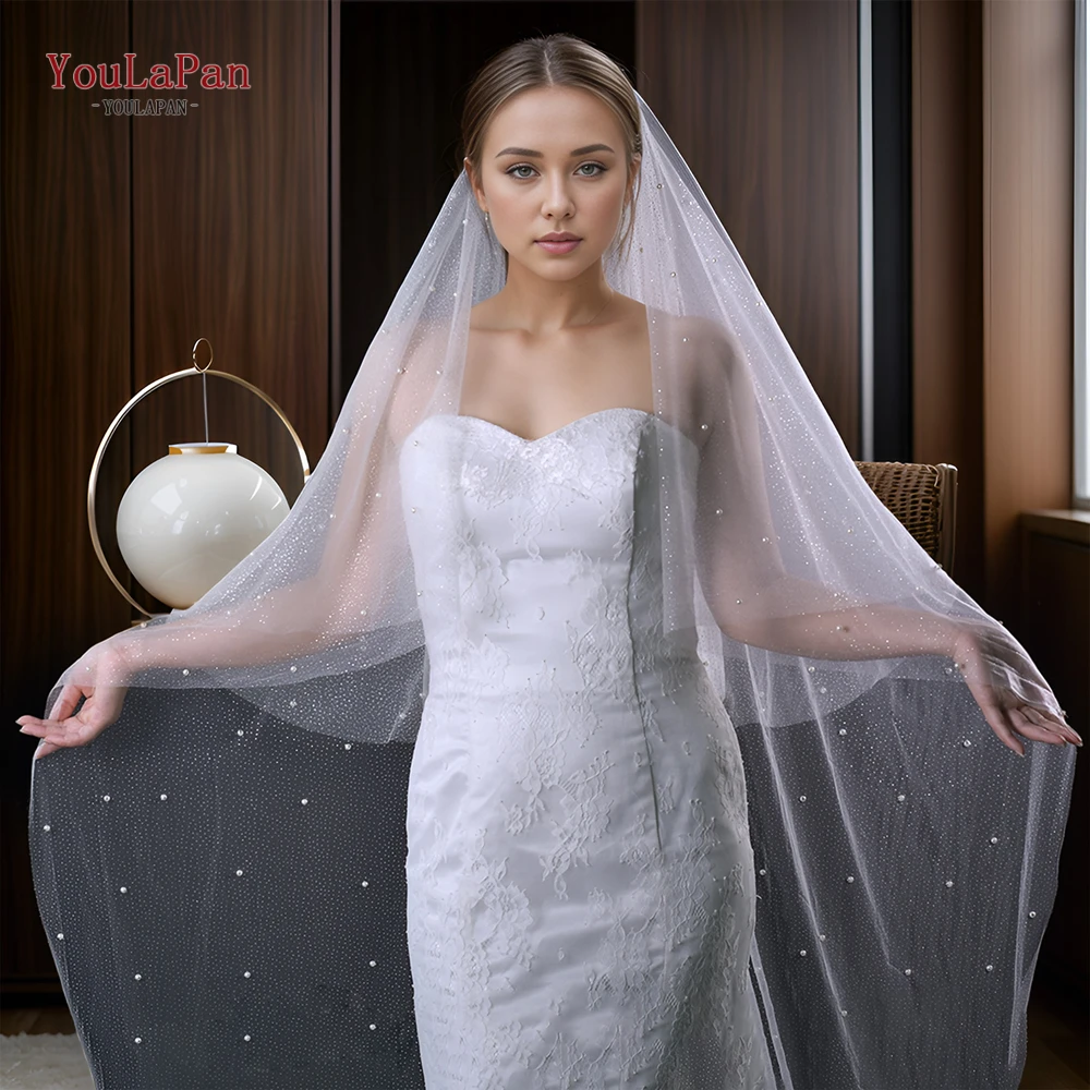 YouLaPan V91 Sparking Wedding Veil 2 Tiers Pearl Bridal Veil Champagne Glitter Veil Golden Wedding Veil with Comb Delicate Beads