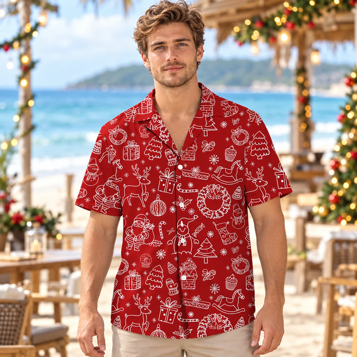 Blouses Red Christmas Line Art Shirts with Santa Snowman and Gift Print Hawaiian Shirt Men Short Sleeve Button Up Holiday Shirts