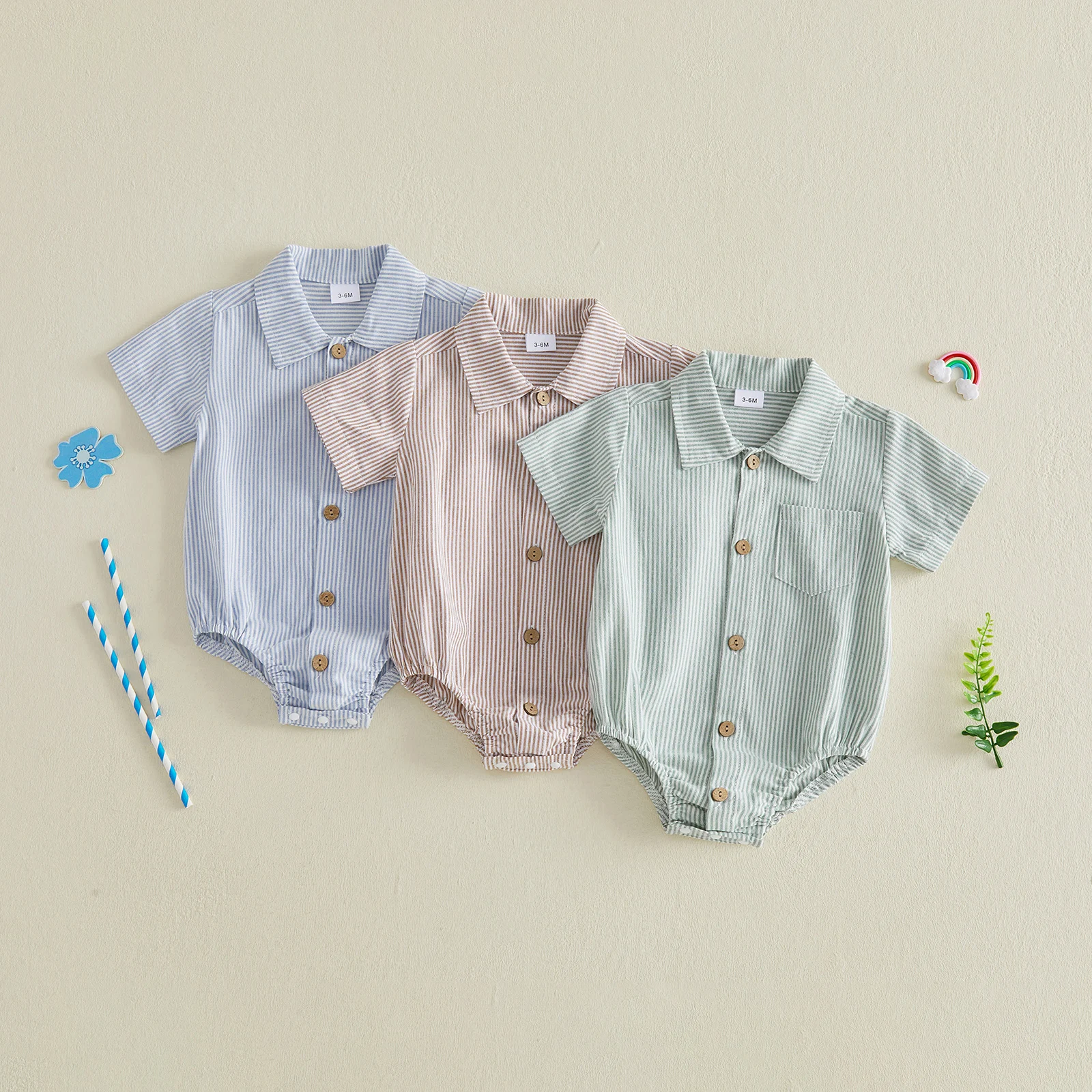 Baby Boys Summer Shirt Jumpsuit Stripe Print Short Sleeve Lapel Button Down Romper with Pocket